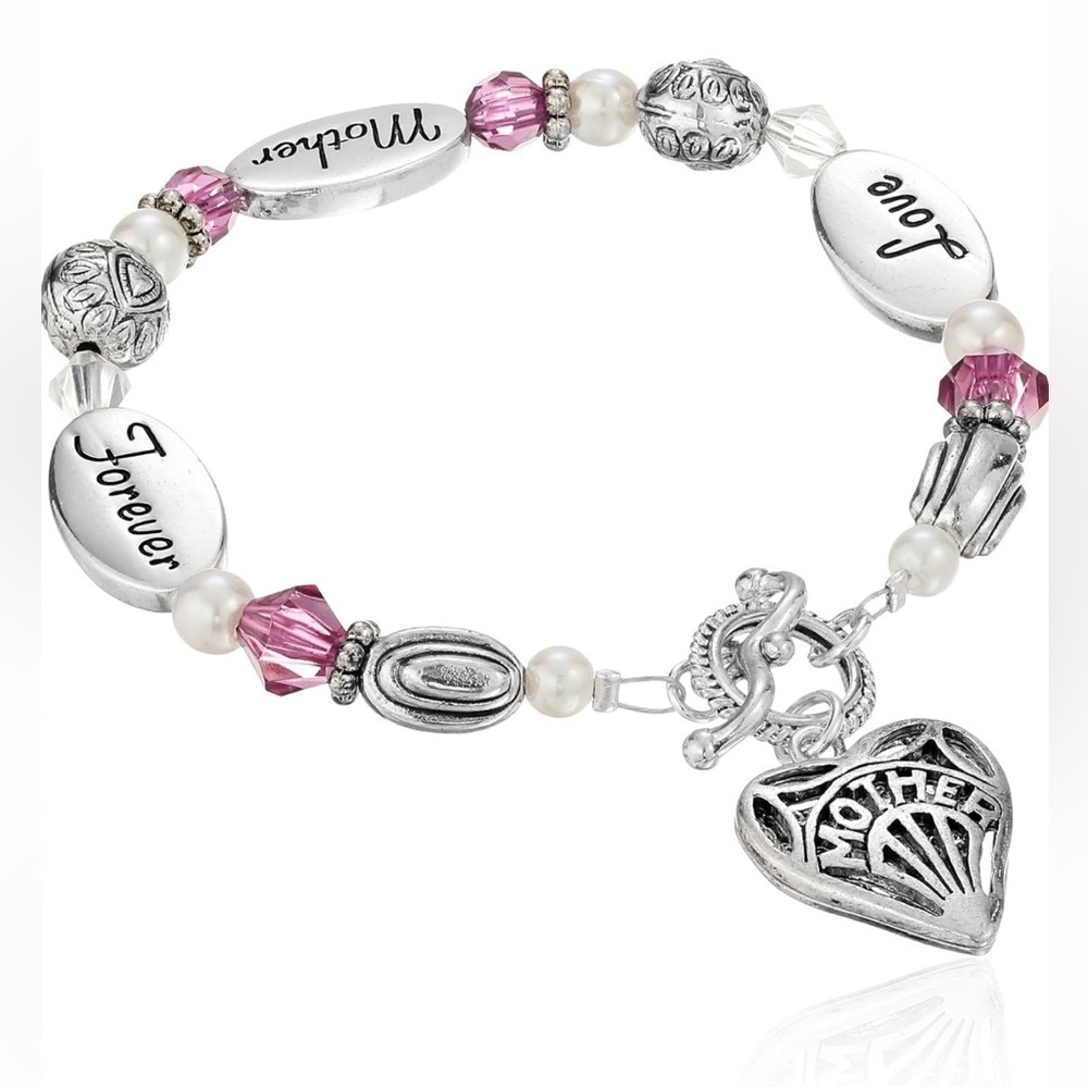 Love Mother Forever Silver Tone Faux Pearl Crystal & Red Faux Stone Bracelet